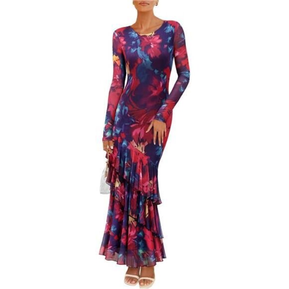 Women's Fall Floral Maxi Dress Blue Red - Picture 1 of 5